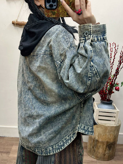 Plus Size Women Spring Retro Irregular Patch Pocket Denim Coat