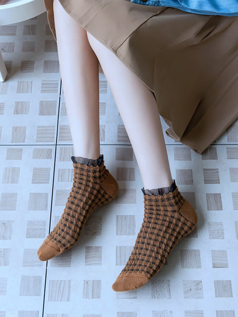 5 pares de calcetines de encaje de celosía sólida vintage para mujer