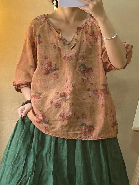 Camisa de mujer con cuello en V, cordón y flores estilo vintage de ramio