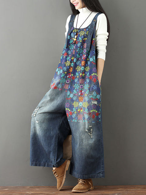 Women Vintage Floral Frayed Pocket Straight-leg Denim Jumpsuits