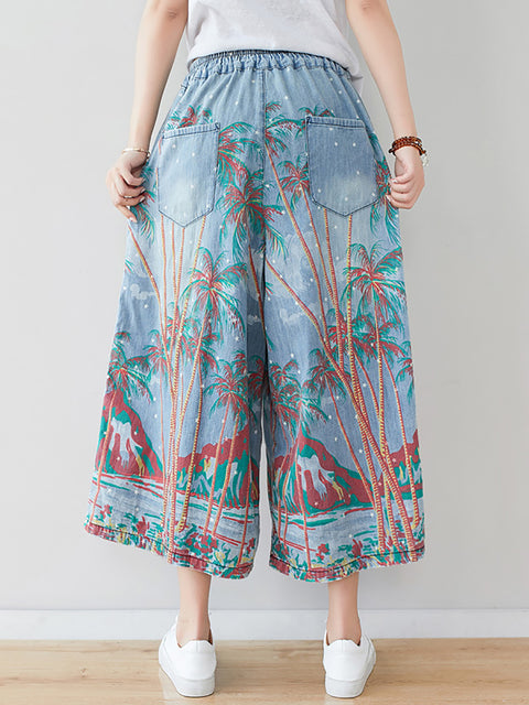 Pantalones vaqueros de pierna ancha con bolsillo y estampado artístico de verano para mujer