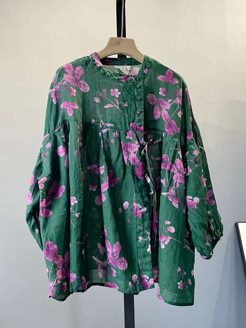 Camisa de ramio con cordón y botones de flores vintage de verano de talla grande