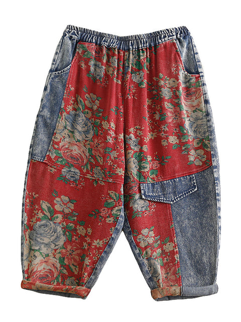 Pantalones harén con parches florales vintage de verano para mujer de talla grande