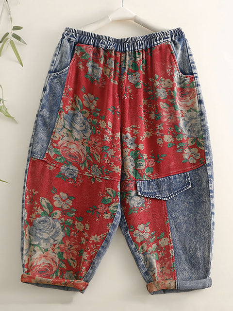 Pantalones harén con parches florales vintage de verano para mujer de talla grande