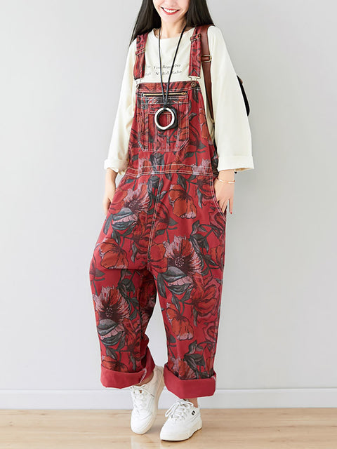 Women Summer Artsy Flower Print Pocket Loose Denim Jumpsuits