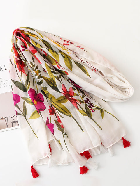 Seaside Women Floral Print Tassel Scarf