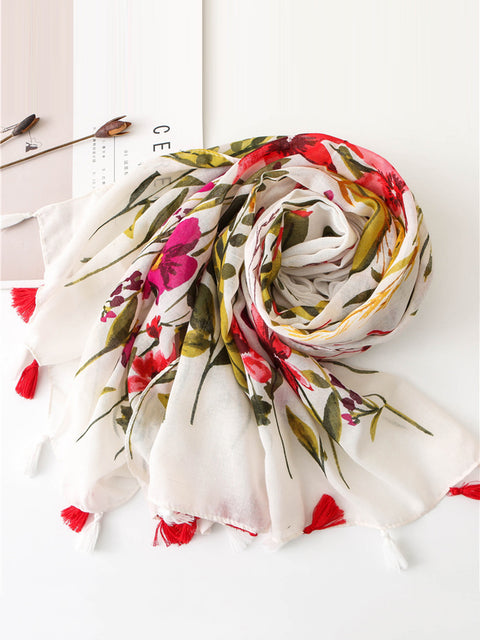 Seaside Women Floral Print Tassel Scarf