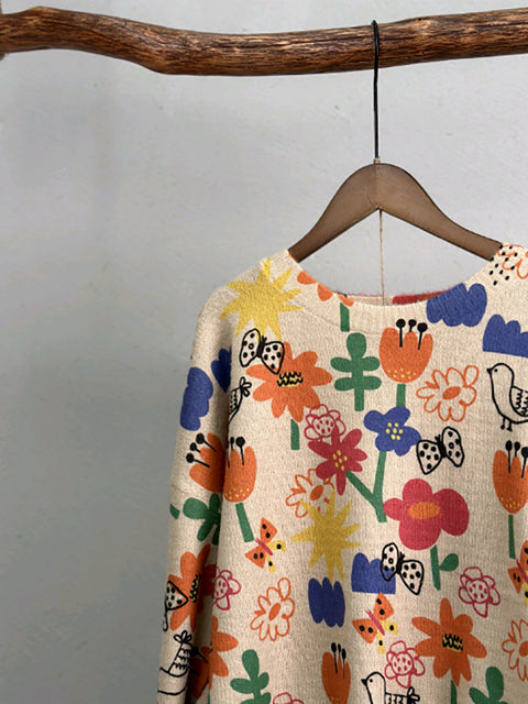 Camisa de punto con estampado de flores lindas de otoño para mujer