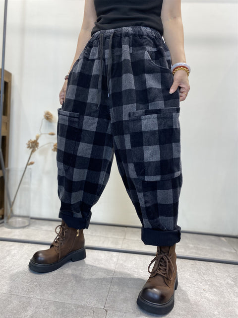 Plus Size Women Retro Plaid Corduroy Loose Harem Pants