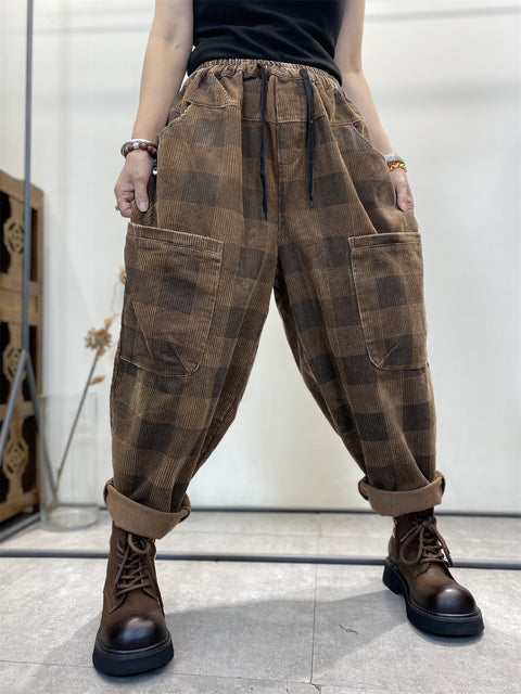 Plus Size Women Retro Plaid Corduroy Loose Harem Pants