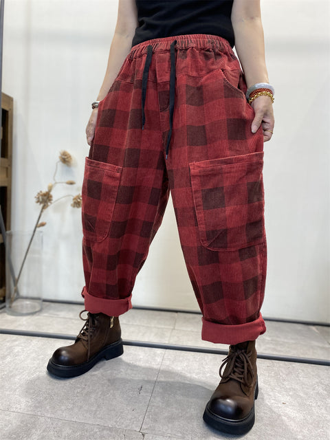 Plus Size Women Retro Plaid Corduroy Loose Harem Pants