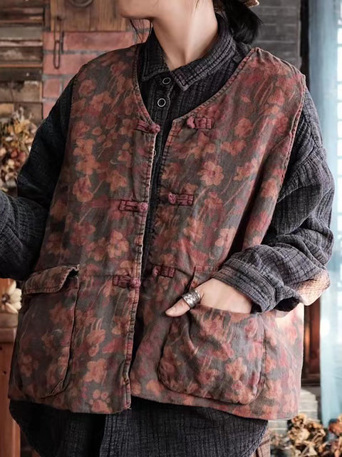 Women Retro Flower Pocket Linen Button Vest Coat