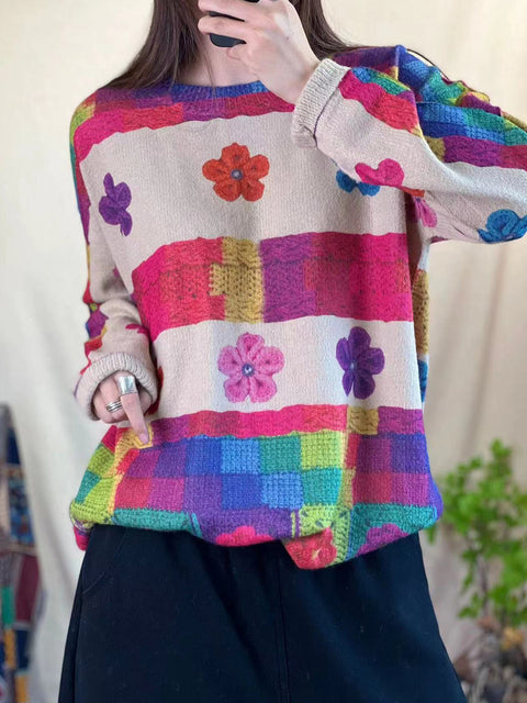 Suéter de punto con estampado de flores de invierno informal para mujer