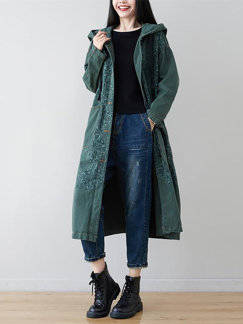 Women Artsy Flower Spliced Long Denim Hooded Coat