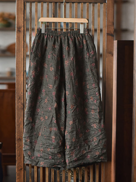 Pantalones anchos de pierna desgastados con estampado floral vintage para mujer