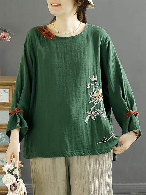 Women Spring Flower Embroidery Cotton Blouse