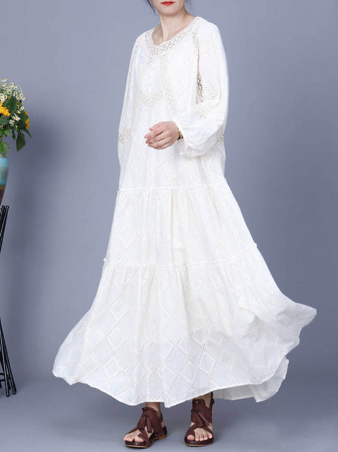 Women Spring Rhomboids Embroidery Loose Cotton Dress+Vest