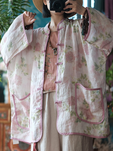 Camisa con botones florales de ramio vintage de primavera para mujer