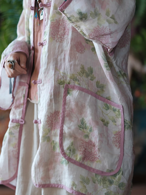 Camisa con botones florales de ramio vintage de primavera para mujer