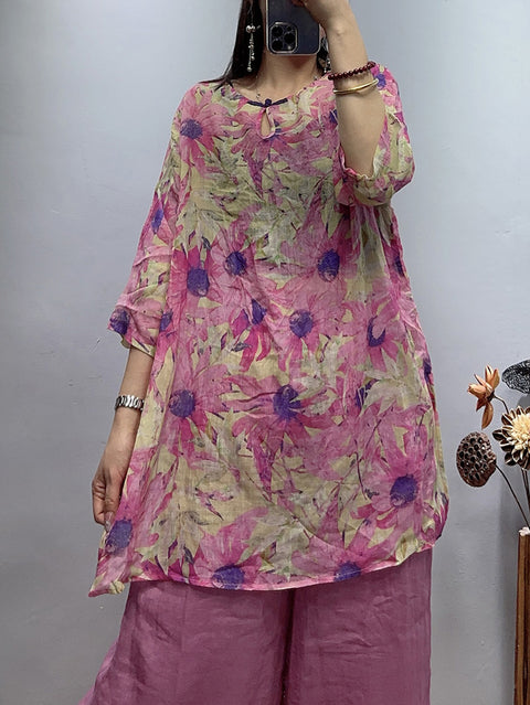 Plus Size Women Vintage Flower Summer Loose Ramie Shirt