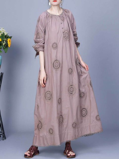 Women Artsy Spring Solid Embroidery Cotton Maxi Dress