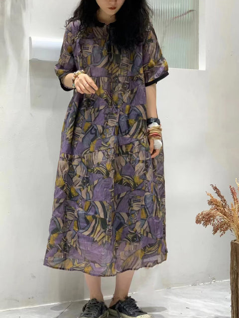 Vestido suelto de verano con estampado floral artístico y ramio para mujer