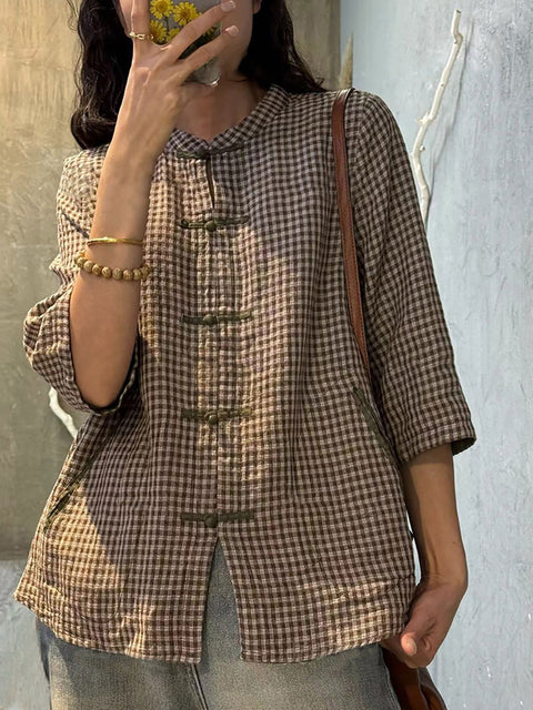 Camisa de algodón con botones y cuadros retro de verano para mujer, talla grande