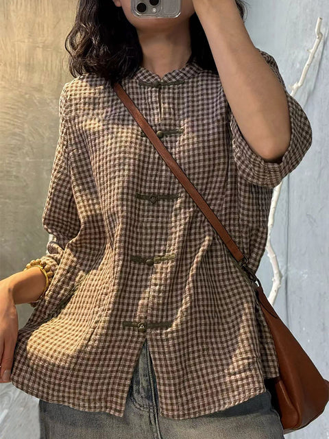 Camisa de algodón con botones y cuadros retro de verano para mujer, talla grande