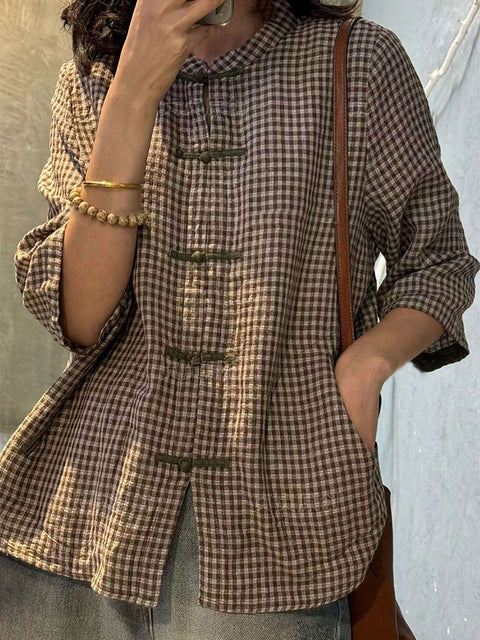 Camisa de algodón con botones y cuadros retro de verano para mujer, talla grande