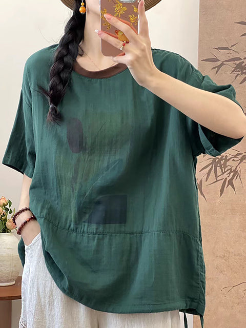 Women Summer Cotton Summer Feather Print Shirt