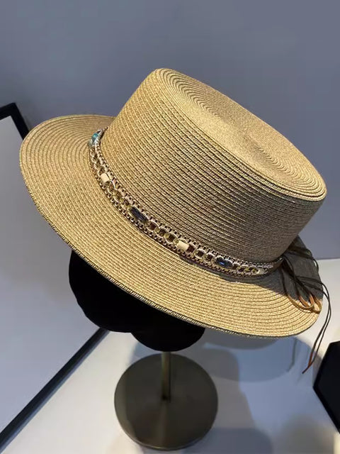 Women Summer Ethnic Straw Flat Top Travel Hat