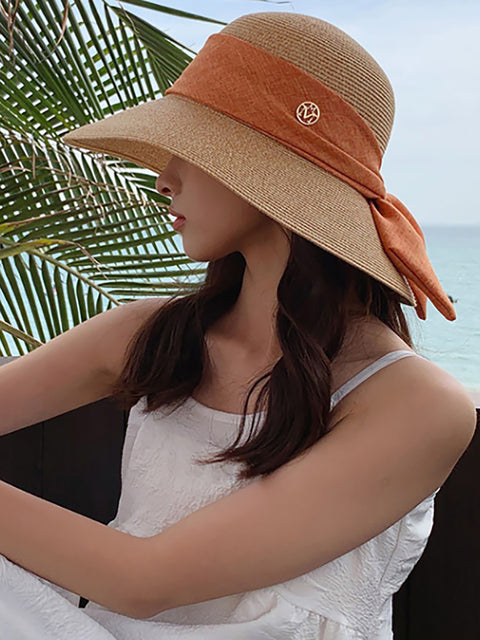 Sombrero de viaje de paja con bloques de colores a prueba de sol para mujer