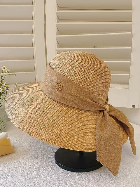 Sombrero de viaje de paja con bloques de colores a prueba de sol para mujer