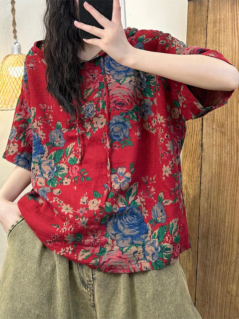 Camisa con capucha de algodón con estampado retro de verano para mujer de talla grande