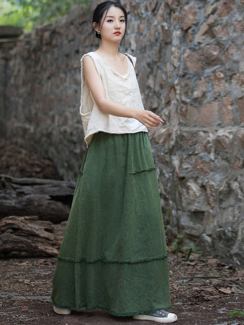 Women Summer Retro Solid Raw-edge Skirt