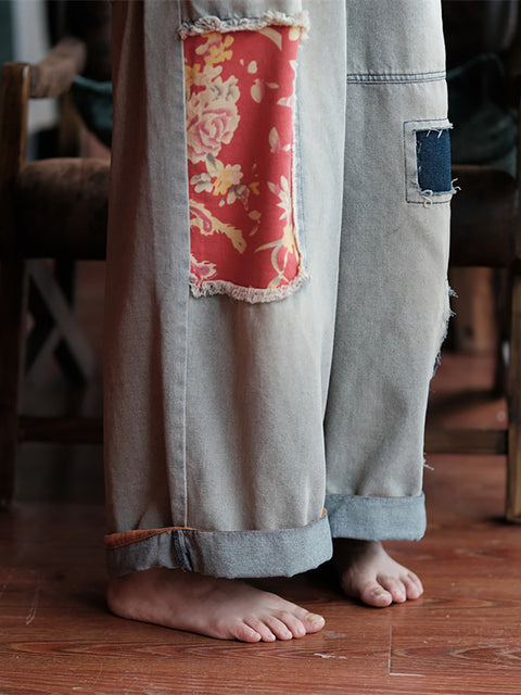 Pantalones vaqueros de pierna ancha con parches desgastados y empalmados para mujer de verano