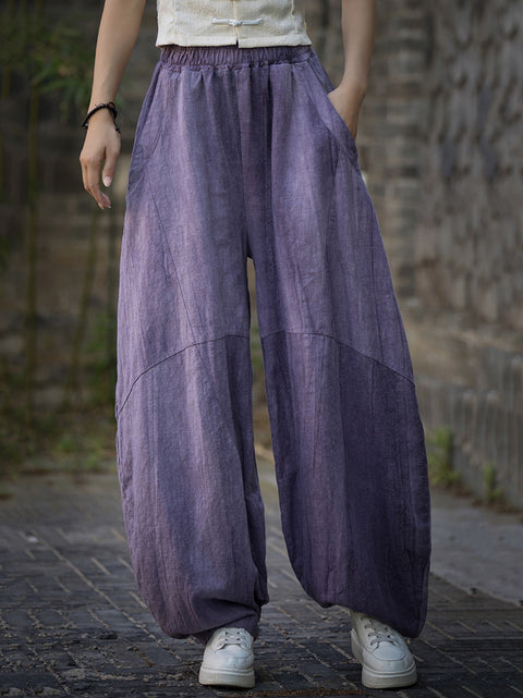 Pantalones bombachos de ramio empalmados con efecto tie-dye vintage para mujer para verano