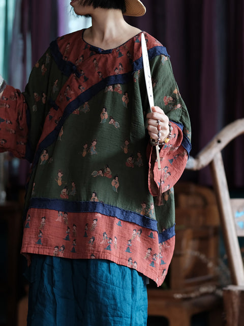 Camisa de verano para mujer, 100 % algodón, con estampado étnico y flores en bloques de color