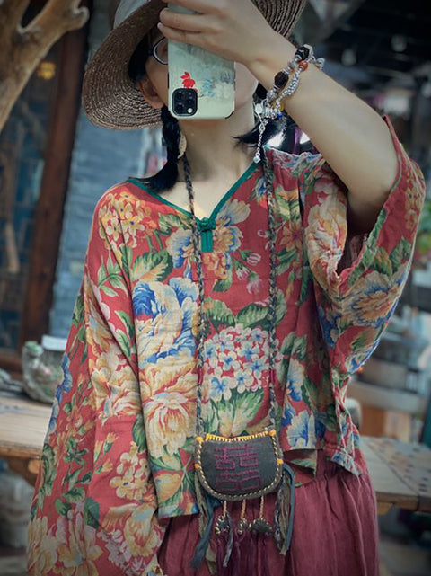 Camisa holgada de algodón con escote en V y flores vintage de verano para mujer