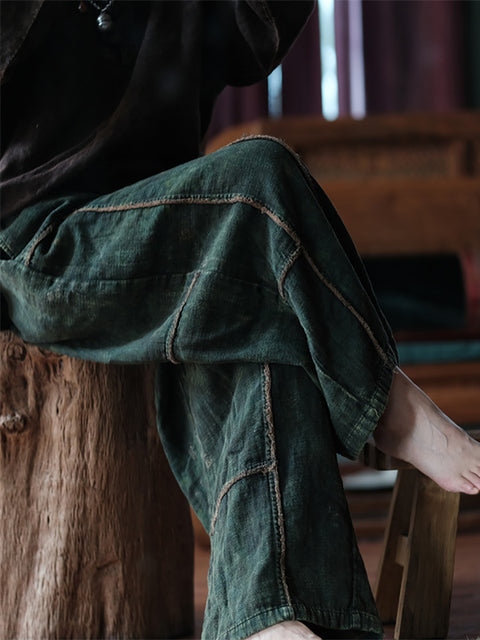 Pantalones de algodón de pierna ancha con empalmes retro de verano para mujer