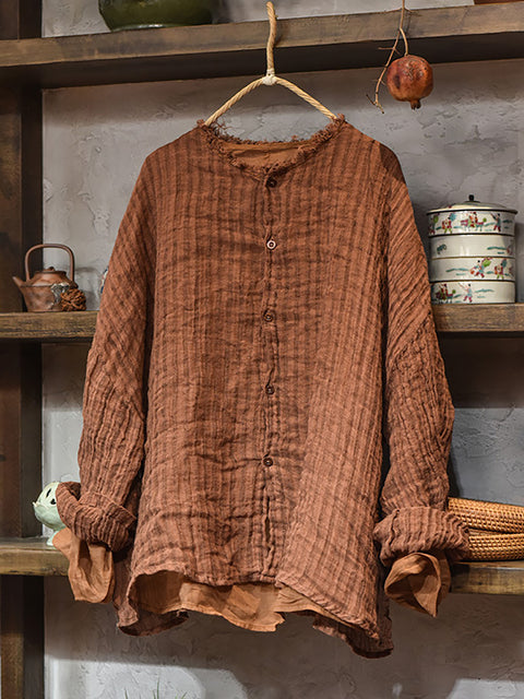 Camisa de lino con borde sin rematar y rayas vintage de otoño para mujer