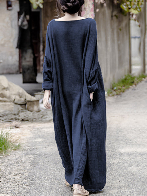 Vestido de lino y algodón con cuello redondo, informal, de otoño, para mujer