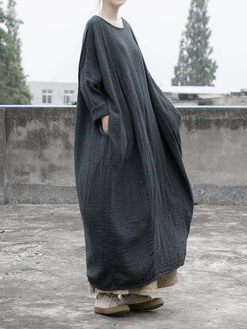 Vestido de lino y algodón con cuello redondo, informal, de otoño, para mujer