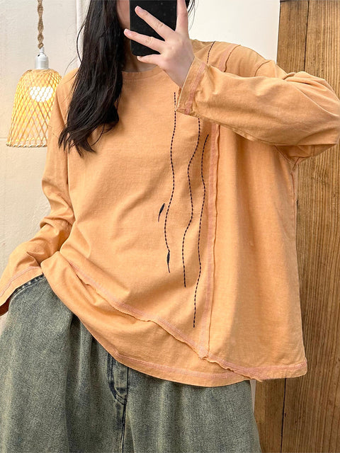 Blusa suelta de algodón con cuello redondo y empalme informal de otoño para mujer