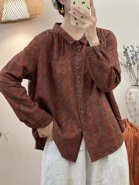 Blusa de algodón con botones y flores de otoño estilo vintage para mujer