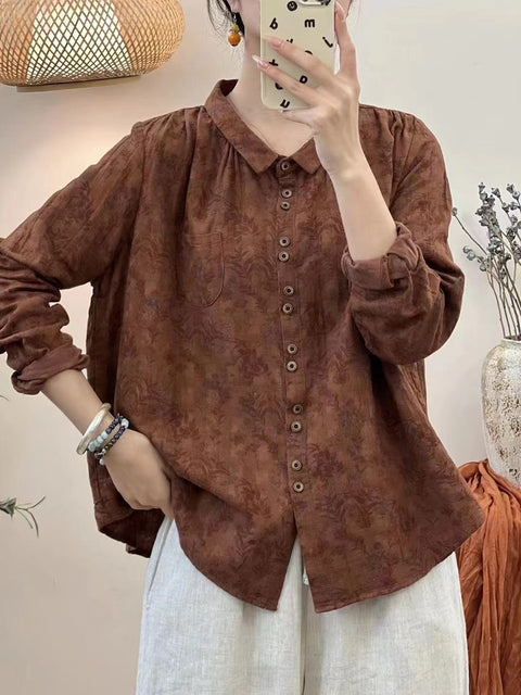 Blusa de algodón con botones y flores de otoño estilo vintage para mujer