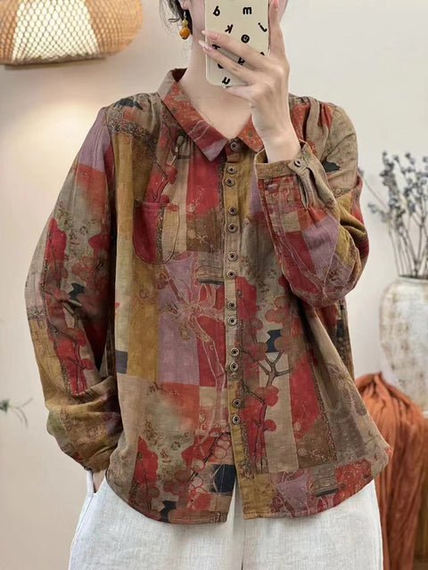 Blusa de algodón con botones y flores de otoño estilo vintage para mujer