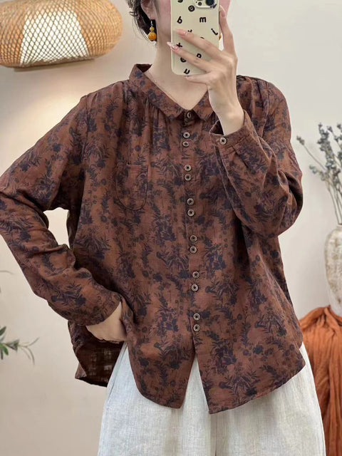 Blusa de algodón con botones y flores de otoño estilo vintage para mujer