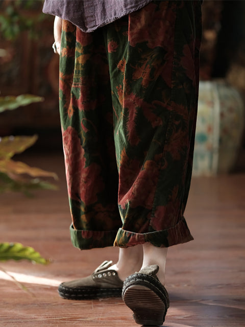 Women Vintage Autumn Flower Wide-leg 100%Cotton Pants