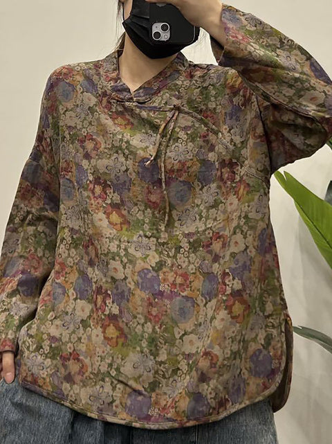 Camisa de algodón con borlas y cuello alto con flores estilo vintage para mujer